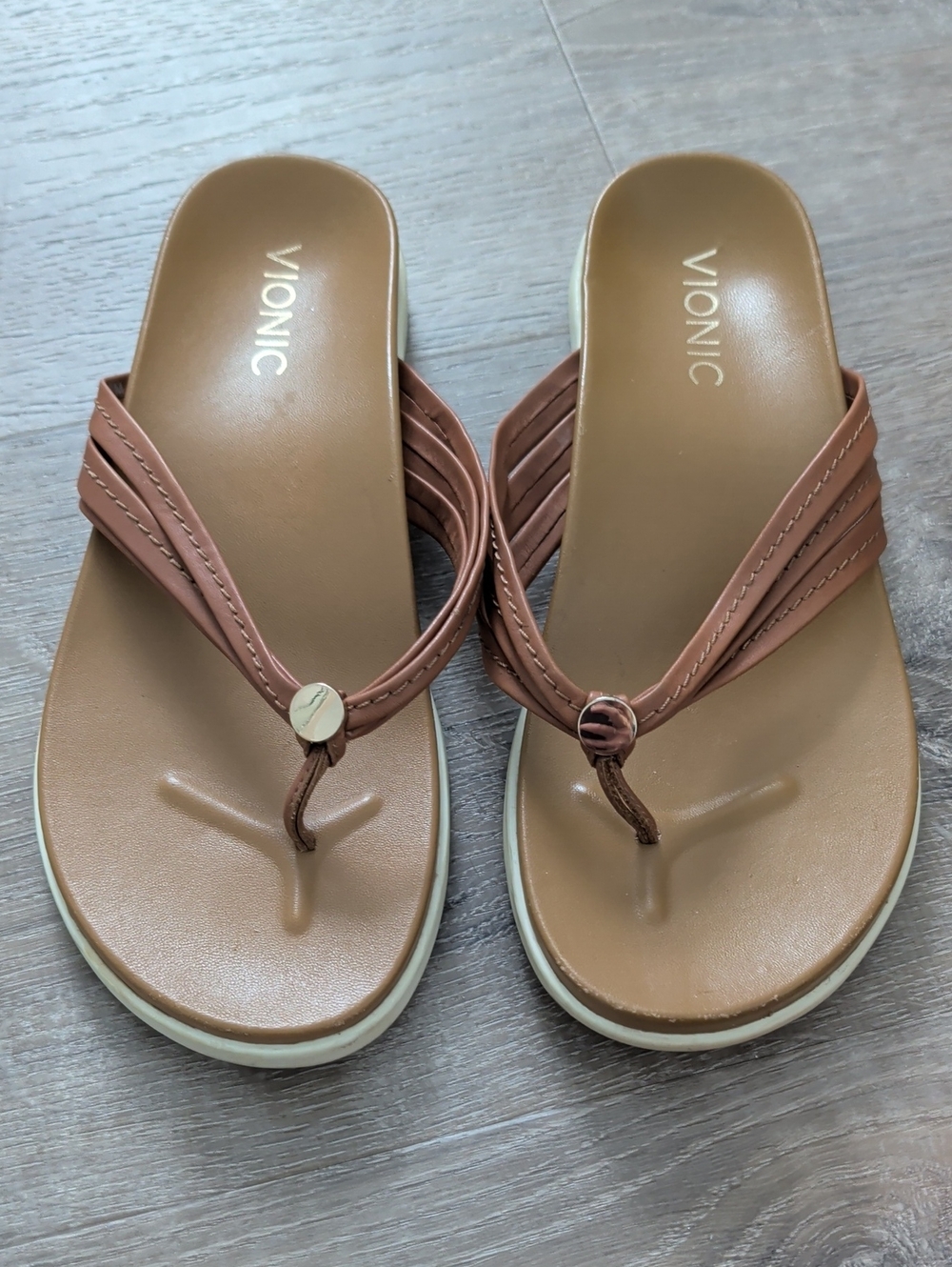 Vionic Brown Slip-On Thong Sandals with Layered Straps